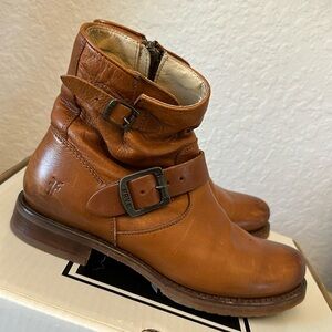 Frye Tan Leather Buckle Ankle Booties